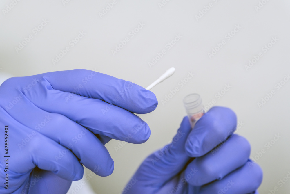Coronatest: Nahaufnahme einer Hand im blauen medizinischen Handschuh mit einem Spatel kurz vor dem Antigen Schnelltest auf Covid-19, zweite Hand hält im Unschärfebereich das Proberöhrchen – selektiver Coronatest: Nahaufnahme einer Hand im blauen medizinischen Handschuh mit einem Spatel kurz vor dem Antigen Schnelltest auf Covid-19, zweite Hand hält im Unschärfebereich das Proberöhrchen – selektiver