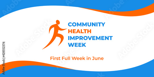 Community health improvement week. Vector web banner, social media, poster, card, flyer. Text Community health improvement week, first full week in june. Logo figure of running man, white background.