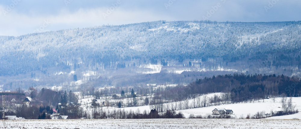 Jagodna Mountain, winter landscape in the Sudetes, view from the field at the foot of the mountain.