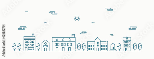Vector landscape with houses, building, tree, sky. Suburban landscape. Flat line design vector.