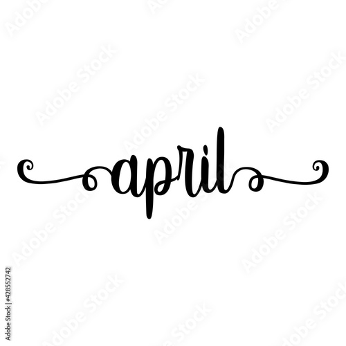 Banner con texto manuscrito april escrito a mano con florituras en color negro