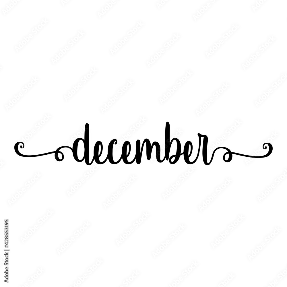 Banner con texto manuscrito december escrito a mano con florituras en color negro Banner con texto manuscrito december escrito a mano con florituras en color negro