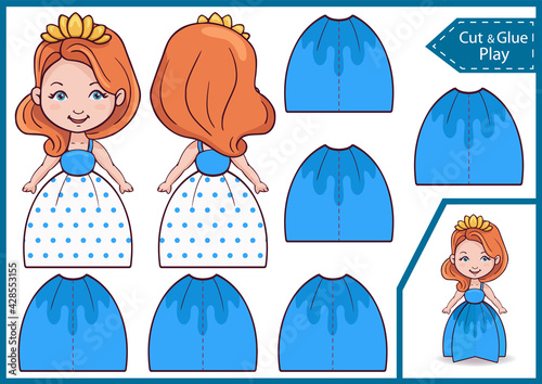 3d a paper princess doll. Kids craft activity page. Decor for birthday girl. DIY papercraft project. Worksheet for Education children game. Vector illustration.