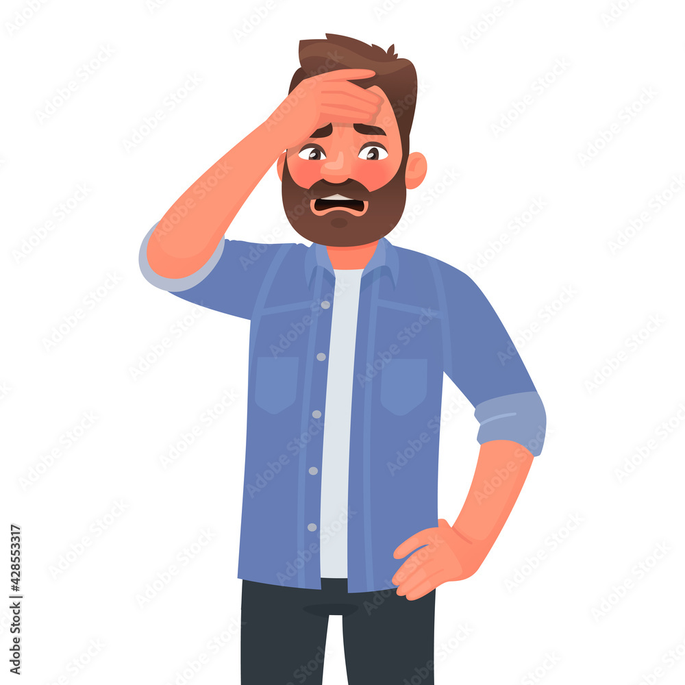Panic. A man expresses emotions of anxiety and shock. Stress and anxiety. Amazed guy character. Vector illustration