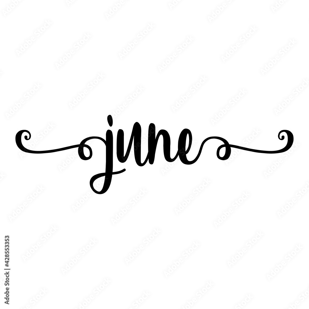 Banner con texto manuscrito june escrito a mano con florituras en color negro