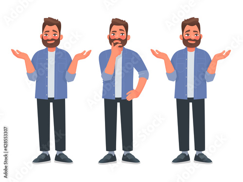Choice concept. A bearded man thinks and chooses the right decision from two options. Vector illustration