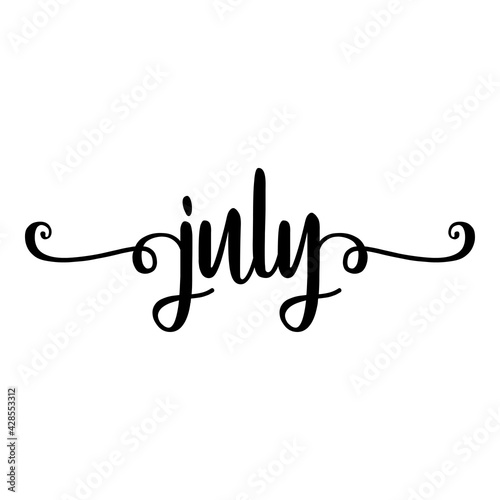 Banner con texto manuscrito july escrito a mano con florituras en color negro