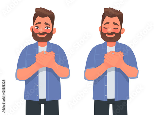 Touched positive man holds his hands on his chest, expressing gratitude. Vector illustration