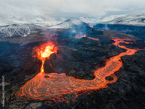 Photo lava eruption volcano aerial view
drone view from Iceland of Hot lava and magma