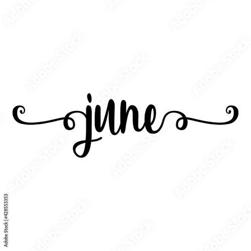 Banner con texto manuscrito june escrito a mano con florituras en color negro
