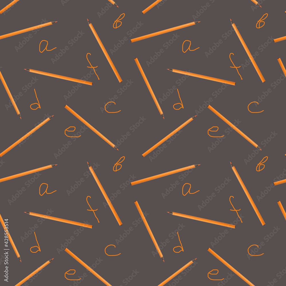 Seamless pattern with orange pencils and letters on gray background. Seamless pattern with orange pencils and letters on gray background.