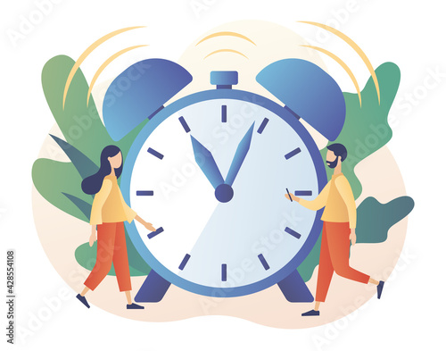Alarm clock rings. Wake up. Tiny people wake up in morning. Good morning concept. Beginning of new day. Modern flat cartoon style. Vector illustration on white background