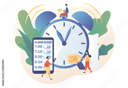 Alarm clock app. Wake up. Tiny people wake up in morning and follow routine of day. Good morning concept. Beginning of new day. Modern flat cartoon style. Vector illustration on white background