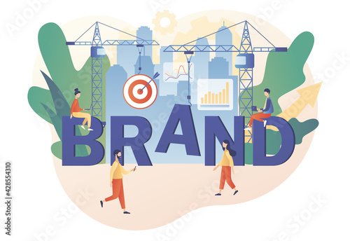Brand. Tiny people working on building brand. Corporate identity. Company development. Self-positioning, individual brand strategy. Branding concept. Modern flat cartoon style. Vector illustration 