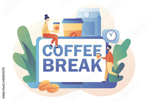 Tiny people businessmen relaxing, talking and drinking coffee. Coffee break - text on laptop screen. Lunch time in office concept. Modern flat cartoon style. Vector illustration on white background