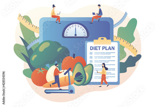 Tiny people follow diet plan with healthy food with vegetables, fruit and physical activity. Nutrition diet. Nutritionist online. Modern flat cartoon style. Vector illustration on white background