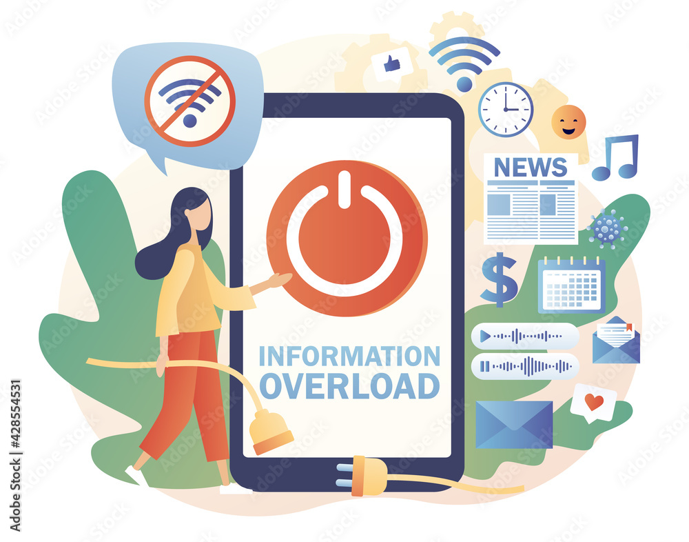 Tiny girl protecting themselves from flow of information and news turning off smartphone. Information detox. Information overload. Digital detox. Modern flat cartoon style. Vector illustration