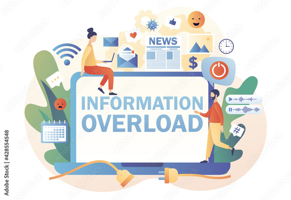 Information detox. Information overload. Tiny people protecting themselves from flow of information and news turning off laptop. Digital detox. Modern flat cartoon style. Vector illustration
