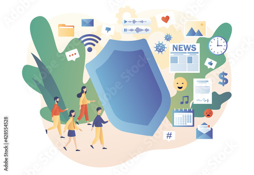 Tiny people protecting themselves from flow of information and news. Information detox. Information overload. Digital detox. Modern flat cartoon style. Vector illustration on white background