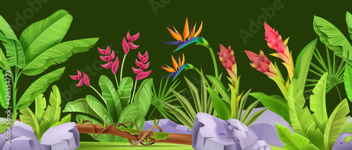 Jungle seamless vector border, green tropical forest nature frame, exotic flowers, leaves, plants, stone. Summer green Hawaii paradise environment illustration. Jungle border, floral Amazon foliage