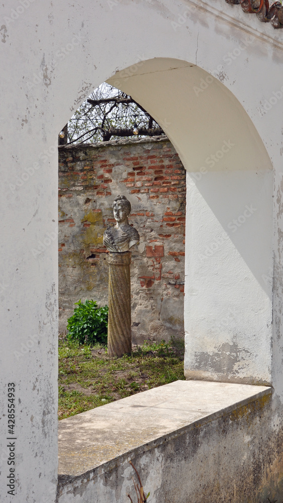 Obraz premium Old statue through an old stone door