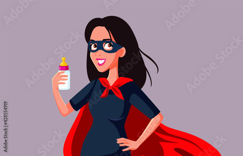 Superhero Mom Holding Baby Bottle Vector Cartoon