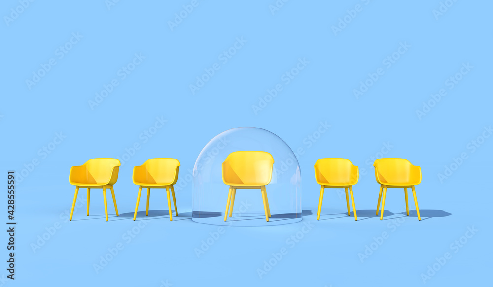 Coronavirus office business bubble. Chair in a protective bubble 3D Rendering Coronavirus office business bubble. Chair in a protective bubble 3D Rendering
