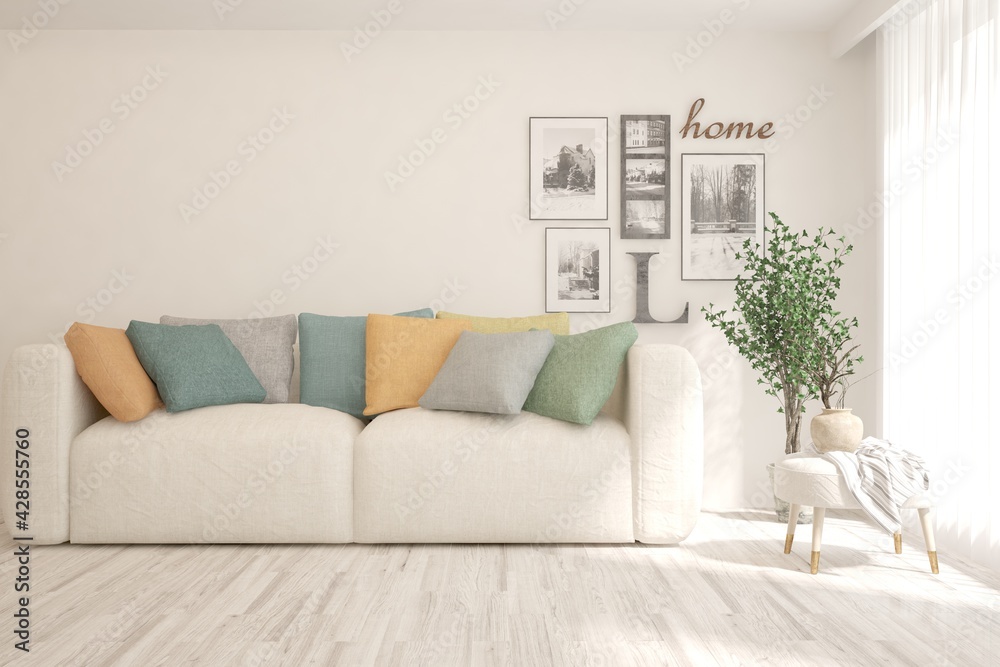 Fototapeta premium Soft color living room with sofa. Scandinavian interior design. 3D illustration