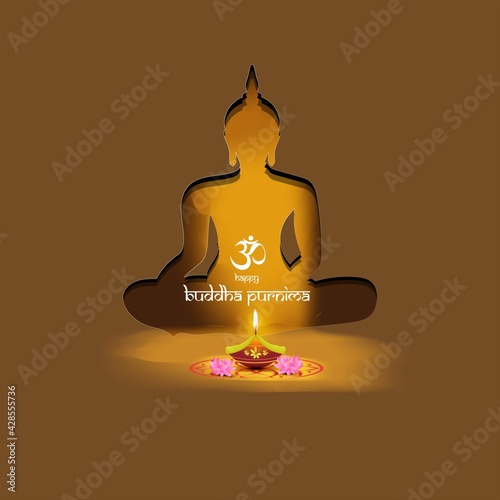 Indian Buddha Purnima festival with text, illustration is showing Buddha seating and absorbed in meditation