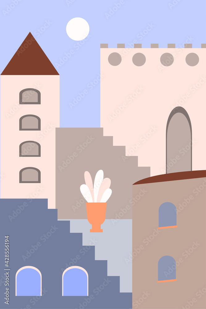 Minimalist landscape of the old city in the boho style. Summer boho design for souvenir shops, travel agency advertising, contemporary poster, t shirt print etc.
