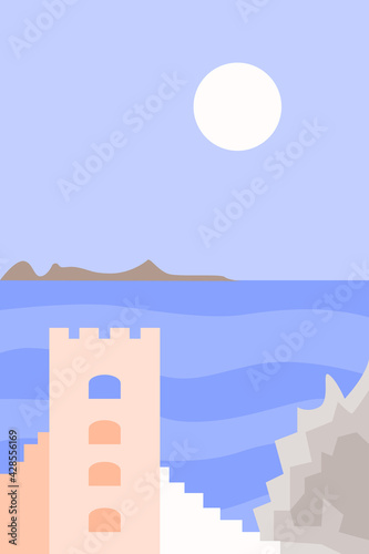 Summer seascape. Top view of the sea and ancient fortress. Boho minimalist design for souvenir shops, travel agency advertising, contemporary poster, etc.