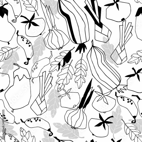 Seamless repeating pattern with vegetables. Geometric black-and-white trendy illustrations on white background