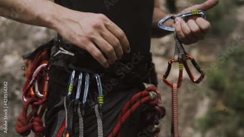 Preparation. rope and climbing equipment outdoor on a rock. 