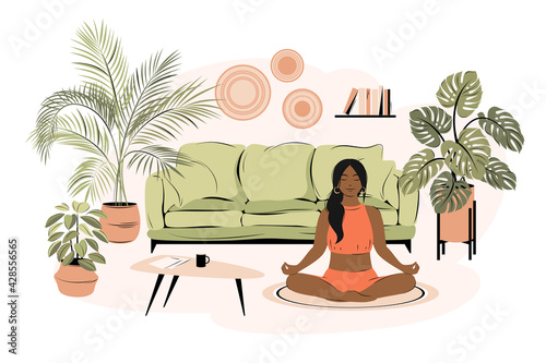 Young african american woman sitting cross-legged in her home, practicing yoga and enjoying meditation. Concept for yoga, relax, recreation, healthy lifestyle. Vector illustration 