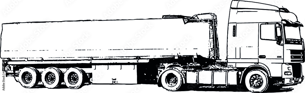 Vector black and white image of industrial truck with trailer for cargo transportation


