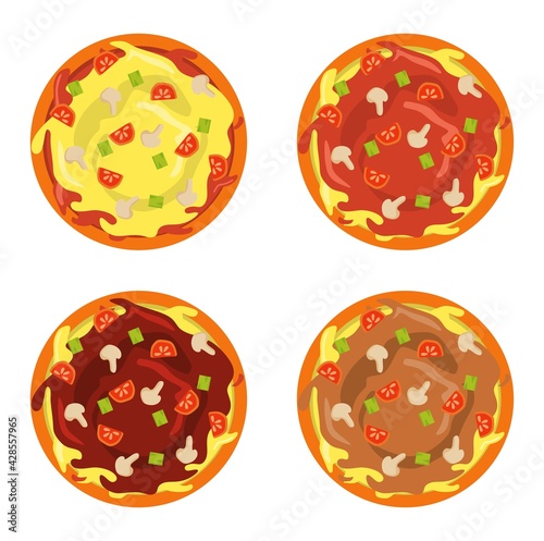 Vector illustration set of pizza with tomato sauce and cheese, mushrooms and tomato topping. restaurant and food theme, suitable for advertising food products