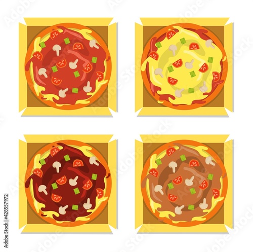 Vector illustration set of pizza with tomato sauce and cheese freshly opened from box. restaurant and food themes, suitable for advertising food products
