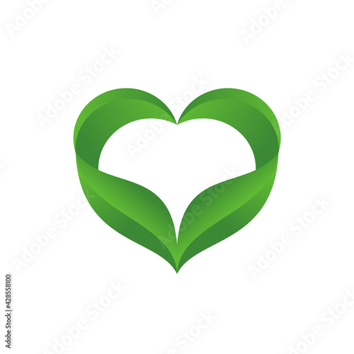 Leaf heart symbol. Love nature icon. Environmental conservation symbol. Go green sign. Herbal and organic concept. Vegan nutrition. Sustainability. Biodegradable. Vector illustration, flat, clip art