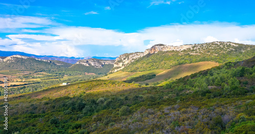 Beautiful scenery of the mountains in the Desert des Agriates with blue sky. Landscape near Saint Florent, Corsica, Deparment Haut-Corse. France. Aerial view.  © familie-eisenlohr.de