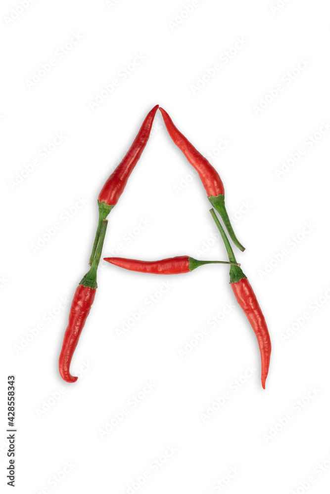 Font made of hot red chili pepper isolated on white - letter A Font made of hot red chili pepper isolated on white - letter A