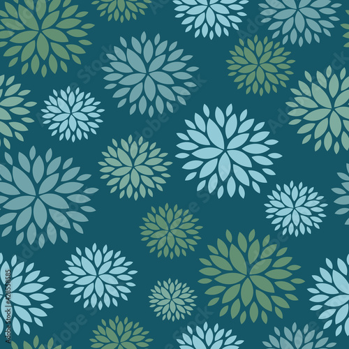 Abstract floral seamless pattern in blue green colors. Big blooming daisy flowers. Decorative illustration for wrapping, textile, fabric, wallpaper.