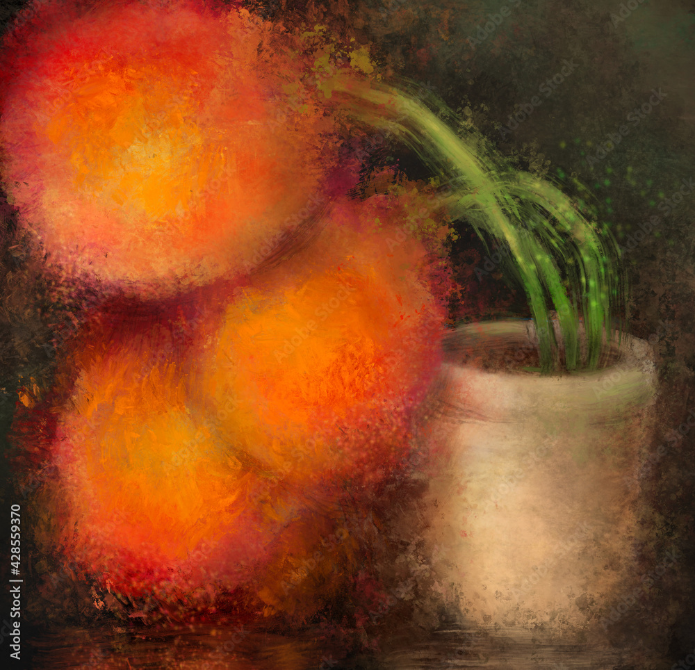 Large still life floral painting, oil style abstract orange flowers in a pot, printable wall art, digital file download