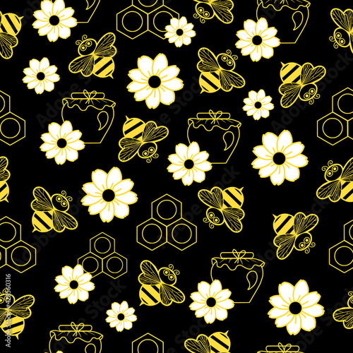 vector seamless pattern little honey bees with honey flowers Yellow on black background, chalk board honey jar honeycomb doodle illustration cartoon characters for printing on textiles and packaging 