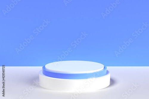 Scène minimaliste avec un podium - plateforme composée de plusieurs ronds - design aux formes géométriques et moderne - blanc et bleu - illustration 3D