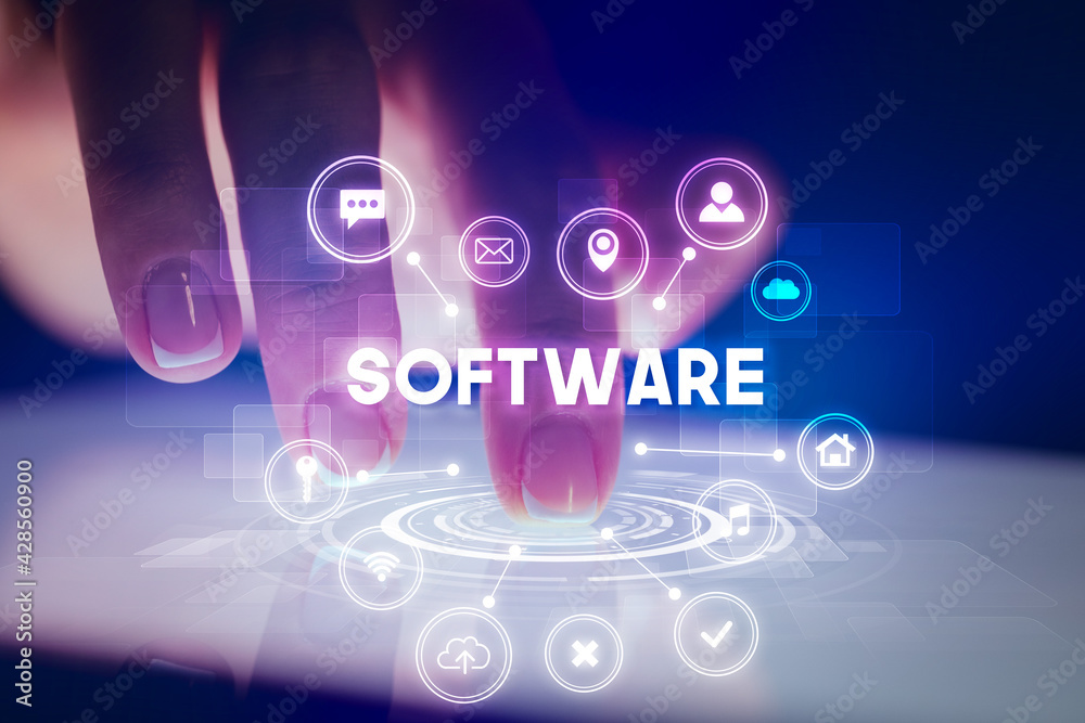 Finger touching tablet with web technology icons concept