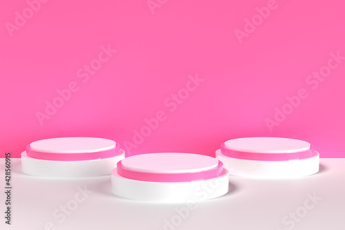 Scène minimaliste avec un podium - trois plateformes composées de plusieurs ronds - design aux formes géométriques et moderne - blanc et rose - illustration 3D © Romain TALON