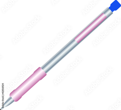 purple-silver ballpoint pen with blue button 