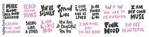 Vector hand drawn collection set of calligraphy lettering quotes and words. Pink and black color