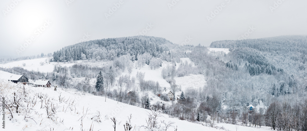 Winter landscape in the mountains, snow-covered hills and trees.