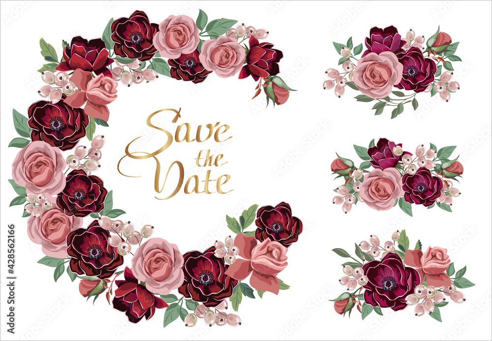 Collection of  floral borders and compositions with wedding flowers. Red anemones and red roses. Template for Invitation or greeting card